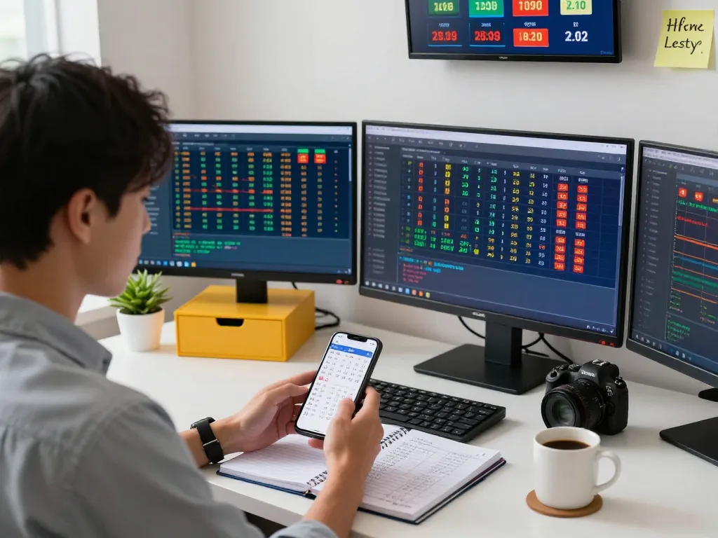 Engaging scene of a player tracking Data HK lottery results on multiple screens in a modern room.