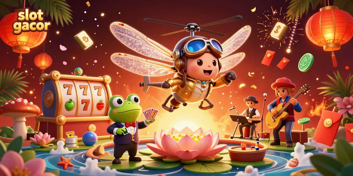 Engage with slot gacor dynamics at a vibrant lily pad casino, featuring characters and exciting game elements.