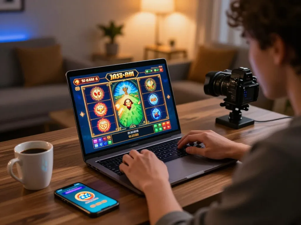 Engaging player enjoying Jus77 online slot game on a laptop in stylish home office.