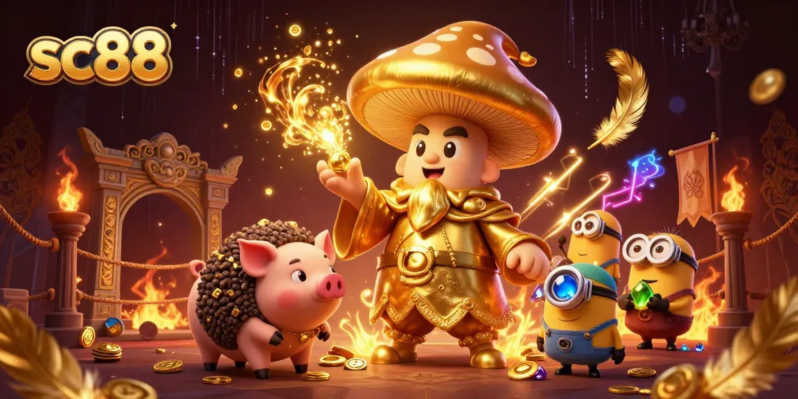 Win big with sc88's enchanting wizard and treasure-hunting pig in a vibrant casino scene.