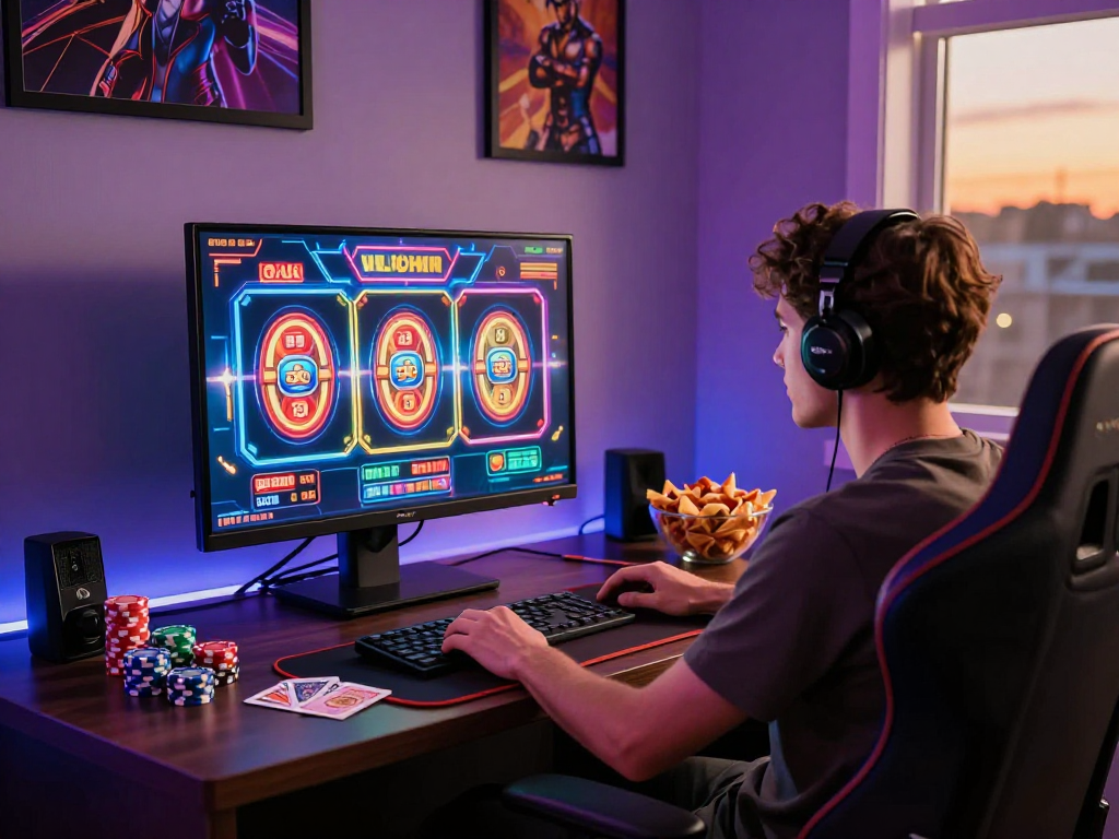 Player engaged in a slot88 resmi game at a stylish gaming desk, surrounded by casino-themed props and vibrant graphics.