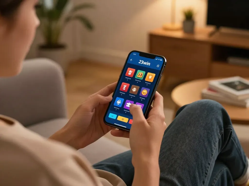 Using the 23win app for casino betting on a smartphone in a cozy living room setting