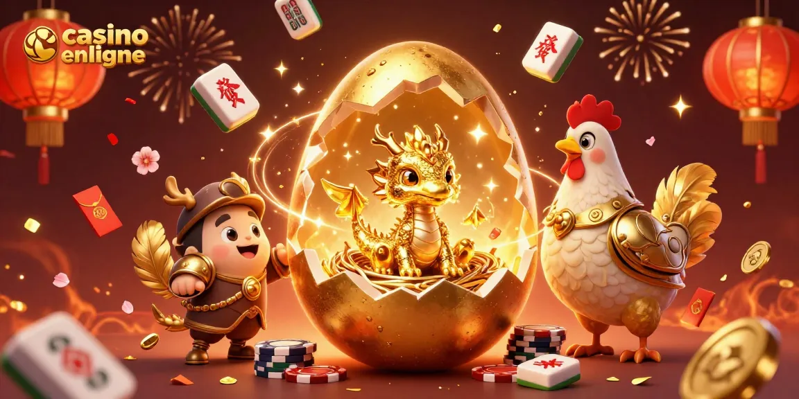 Joue sur un casino en ligne avec un dragon doré et des jetons de poker dans un univers festif.