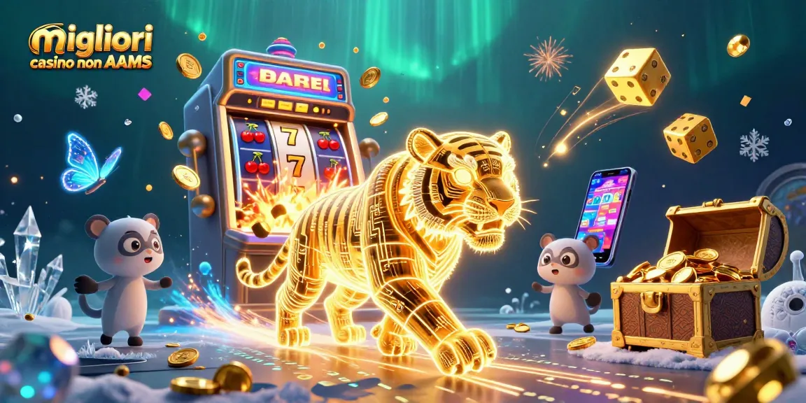 Immagine dei migliori casino non AAMS con slot machine, tigre d'energia e simboli fortunati esplodenti.