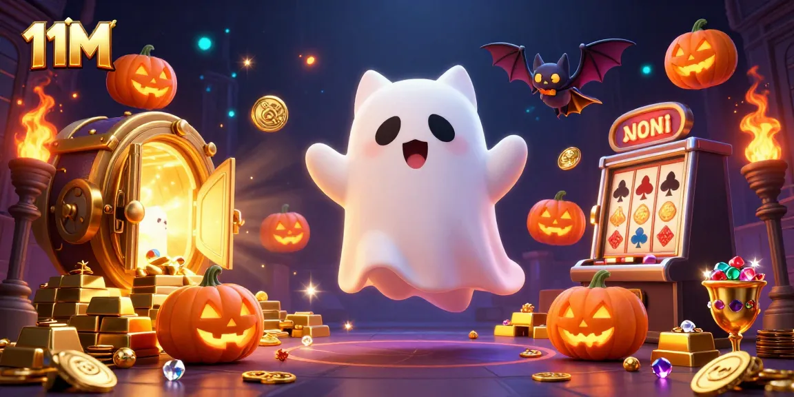 Experience thrilling games at 11M with a ghost cat and vampire bat amidst glowing casino elements.