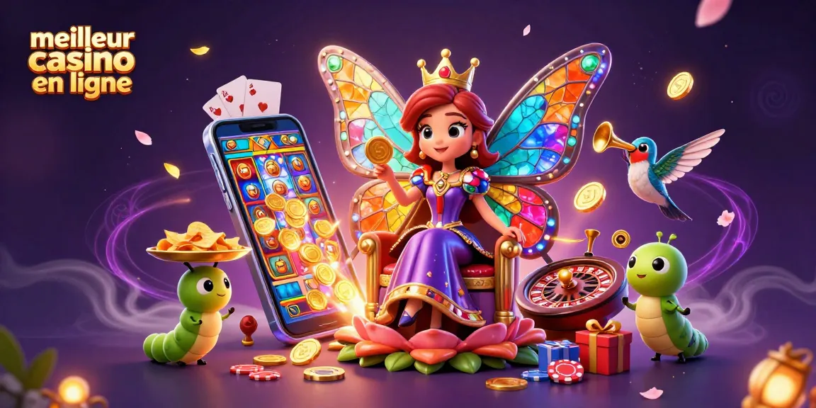 Profitez du meilleur casino en ligne avec une illustration fascinante d'une reine papillon et des éléments de jeu captivants.