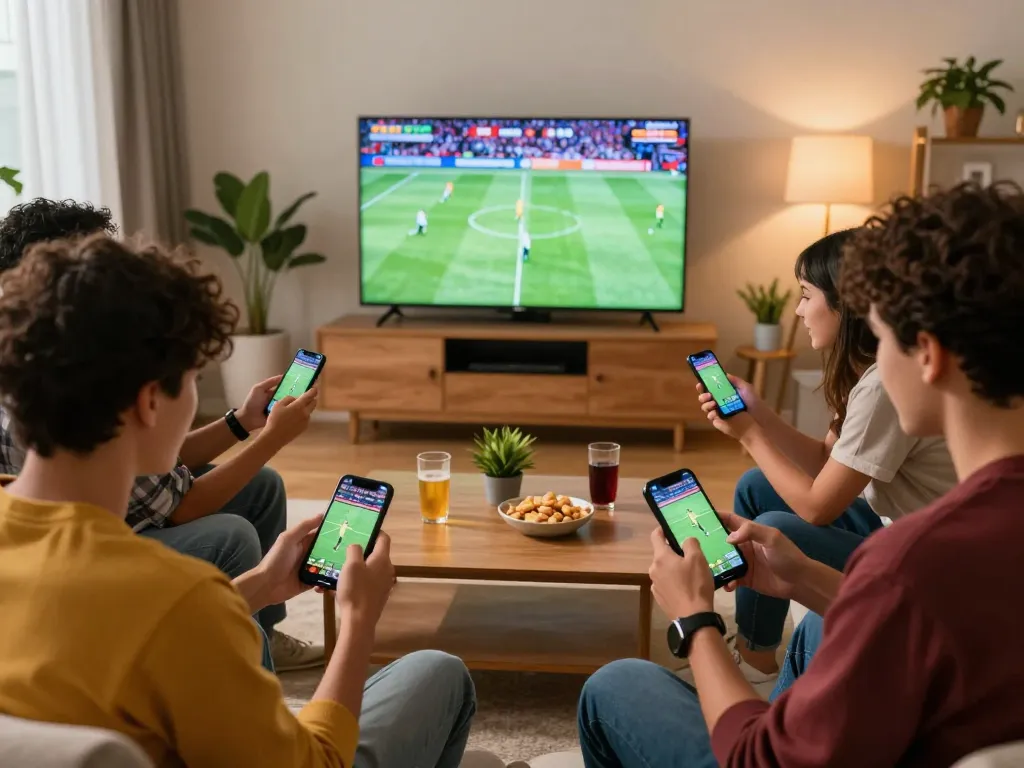 Friends engaging in sports betting at home, showcasing 388bet strategies on smartphones.