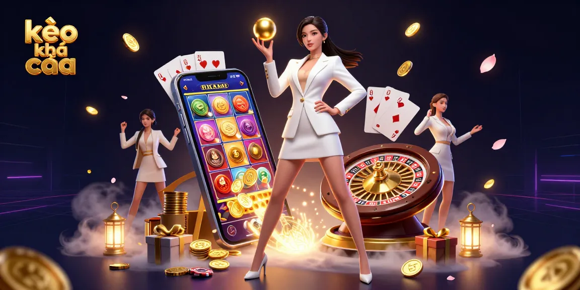Engage with kèo nhà cái through vibrant casino illustration featuring a confident woman, roulette ball, and dynamic gaming elements.