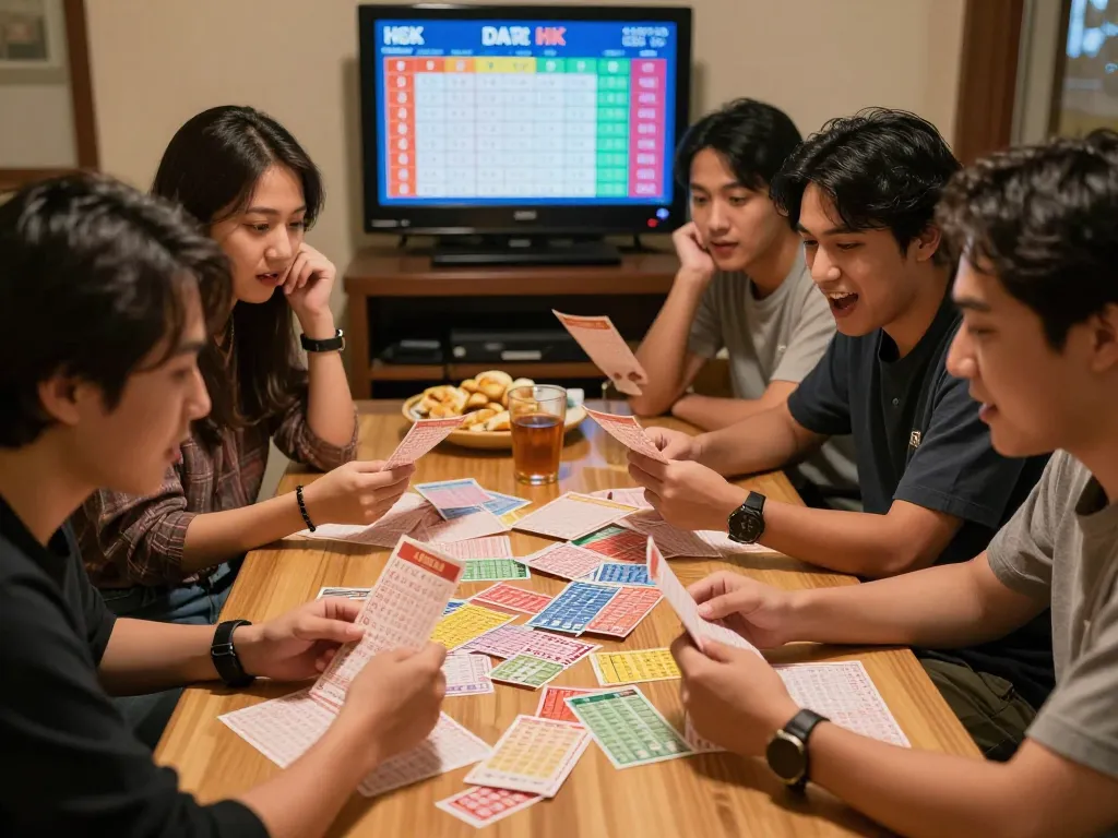 Excited friends checking Data HK lottery results with colorful tickets on the table.