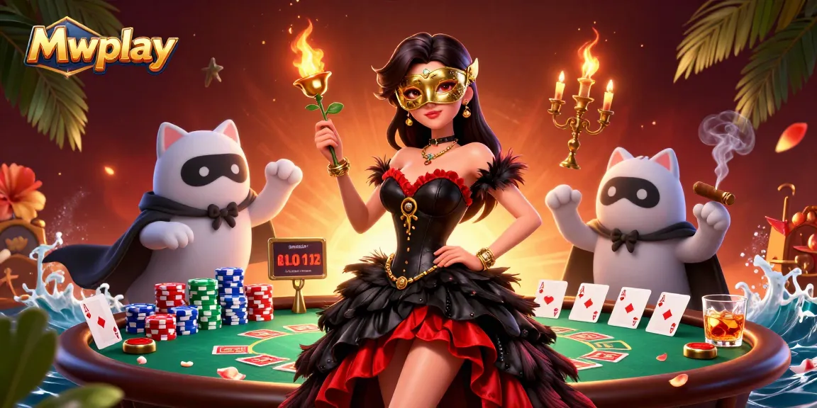 Mwplay showcases an immersive casino experience with detailed characters, poker elements, and a vibrant atmosphere.