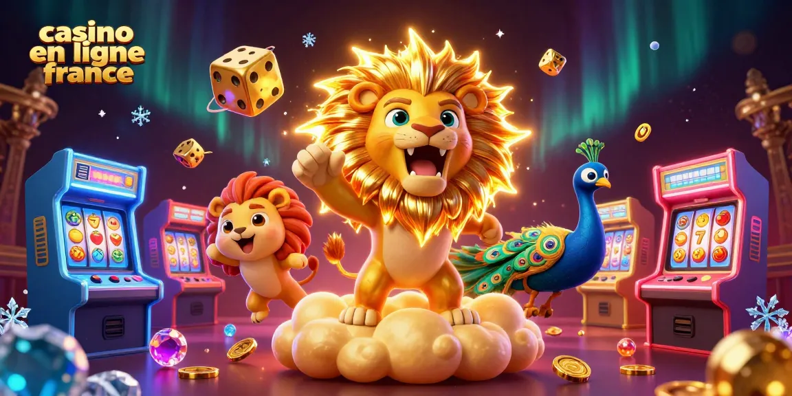 Jouez à casino en ligne france avec un lion solaire et des éléments de jeu colorés flottants.