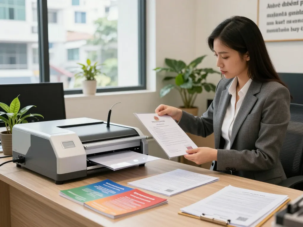 Bóc sổ đỏ ép plastic hà nội service in a professional office setting with clear document encapsulation.