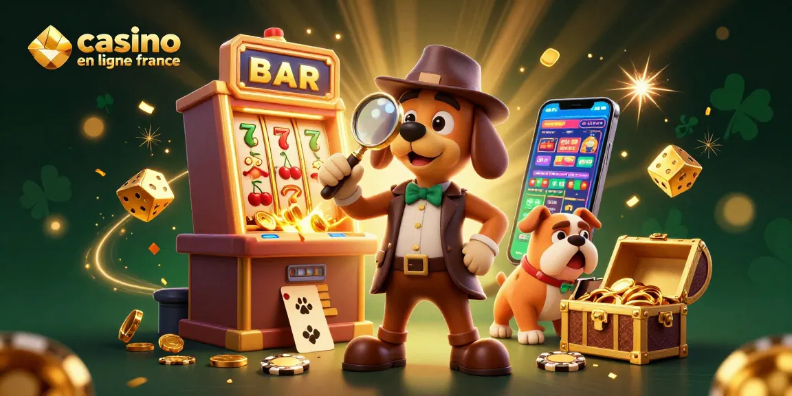 Illustration 3D d'un détective canin examinant des jetons de poker avec le texte "casino en ligne france".