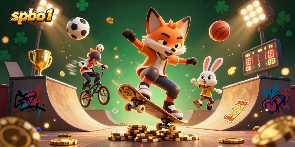 spbo 1 showcases a vibrant scene with dynamic sports elements and casino-themed characters