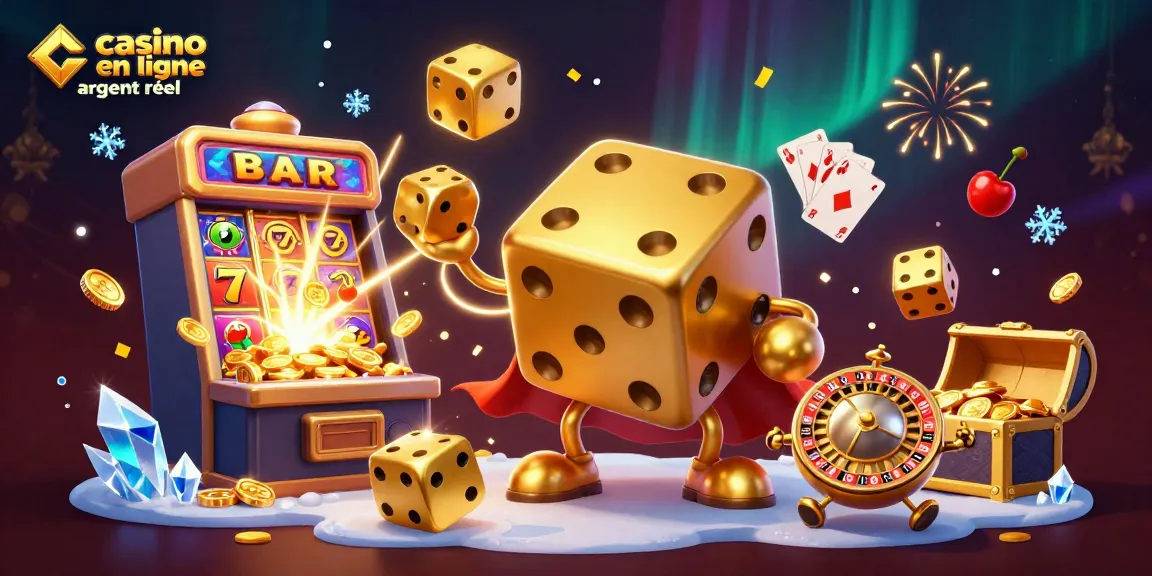 Découvrez une scène dynamique célébrant le casino en ligne argent réel, avec un golem de dés dorés.
