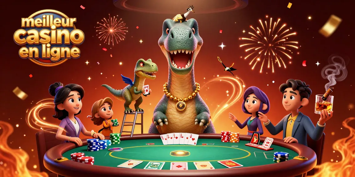 Illustration dynamique du meilleur casino en ligne mettant en scène un brontosaurus et un raptor jouant au poker.