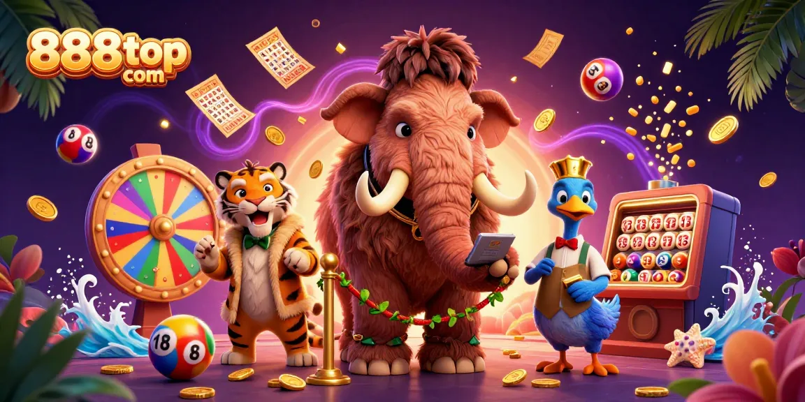 Spin and win at 888top com, a vibrant casino scene with a mammoth bouncer and exciting game elements.