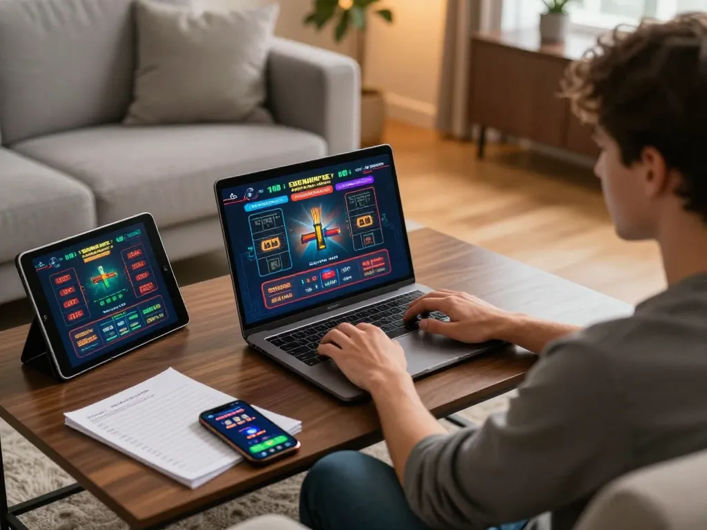 Engaging in deposit 1000 gaming strategy at home with tablet and laptop.
