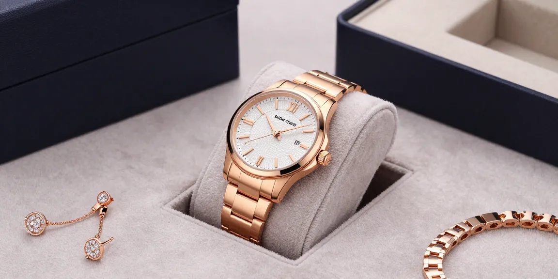 Stunning rose gold super clone watch elegantly displayed with luxury jewelry pieces.