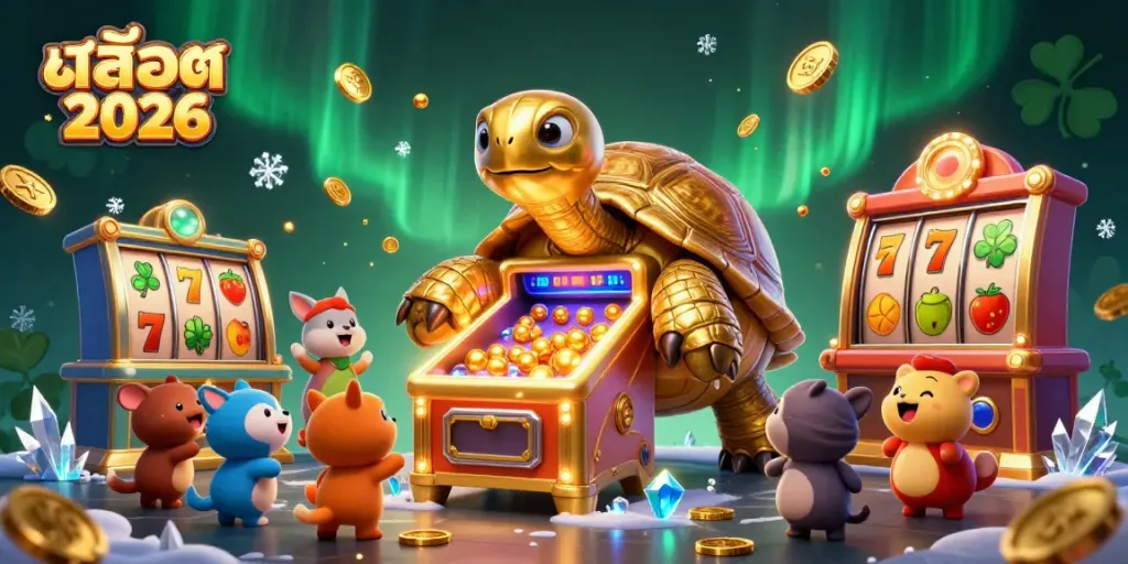 Engaging illustration of สล็อต 2026 featuring a colossal golden tortoise and playful characters, surrounded by vibrant slot game elements.