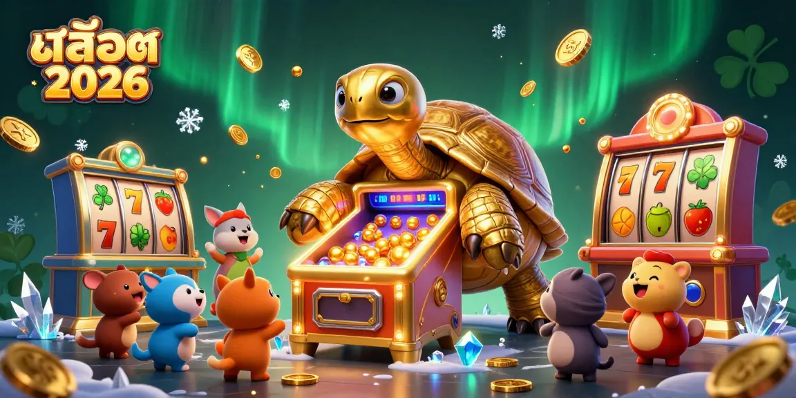 Engaging illustration of สล็อต 2026 featuring a colossal golden tortoise and playful characters, surrounded by vibrant slot game elements.