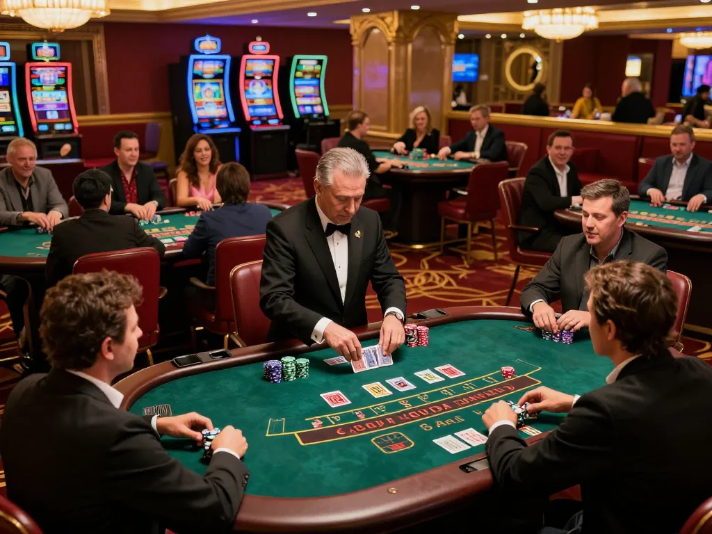 Engaged players strategizing at blackjack tables in a vibrant casino setting, showcasing tx88's exciting gameplay.