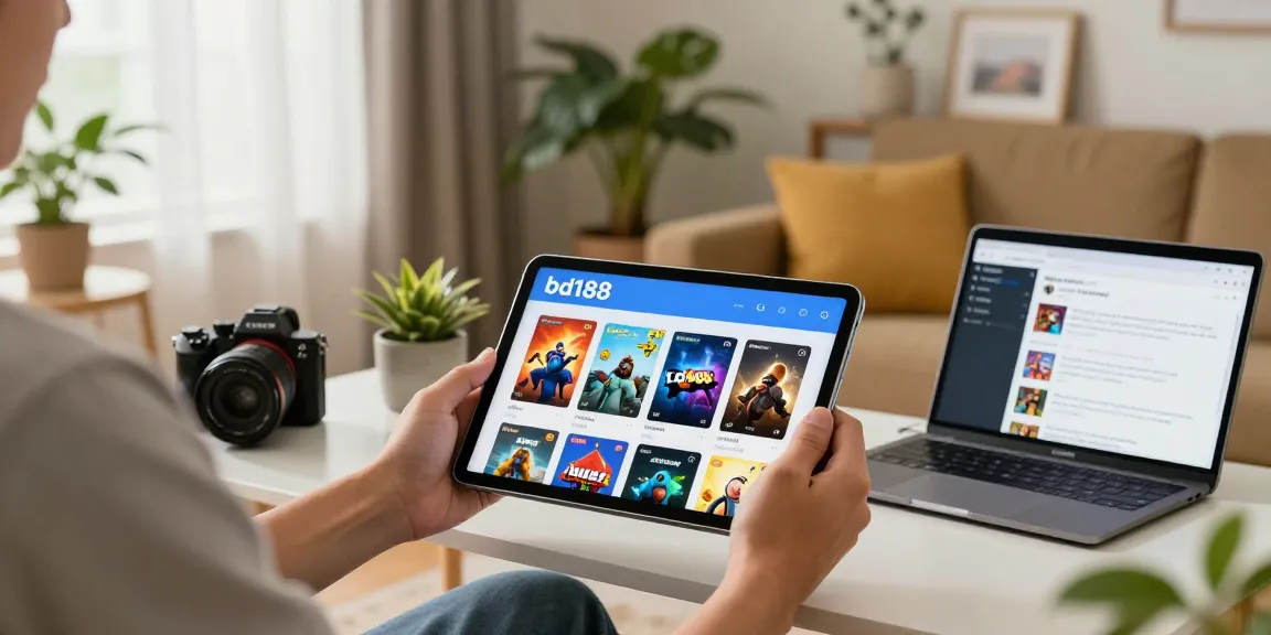 Ang gumagamit ng bd188 na naglalaro ng mga mobile games sa tablet kasama ang laptop sa kanilang cozy na tahanan.