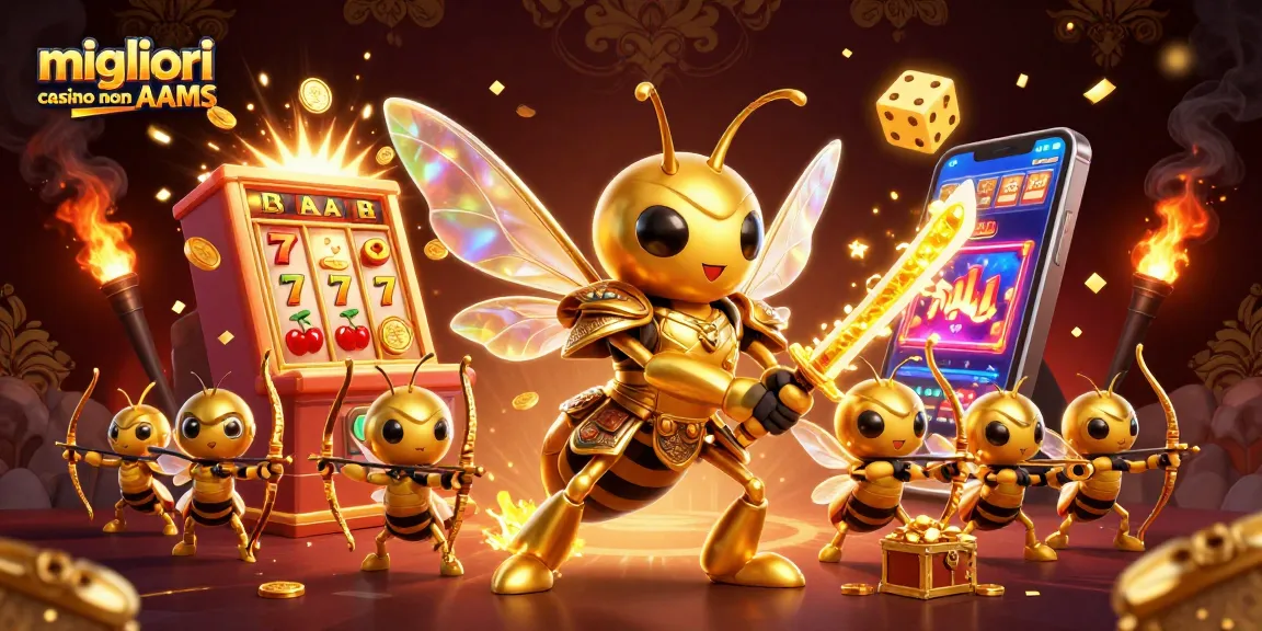 Scopri i migliori casino non AAMS con un'illustrazione vivace di personaggi del casinò e simboli di slot in azione.