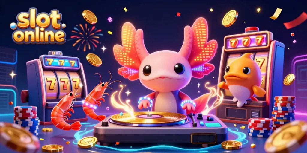 Immerse yourself in slot online action with a vibrant 3D illustration of an axolotl DJ and energetic sea creatures.