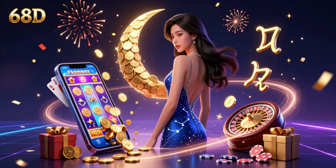 Experience excitement with 68D as a glamorous Asian woman captivates while playing casino games amidst a festive atmosphere and dynamic gold accents.