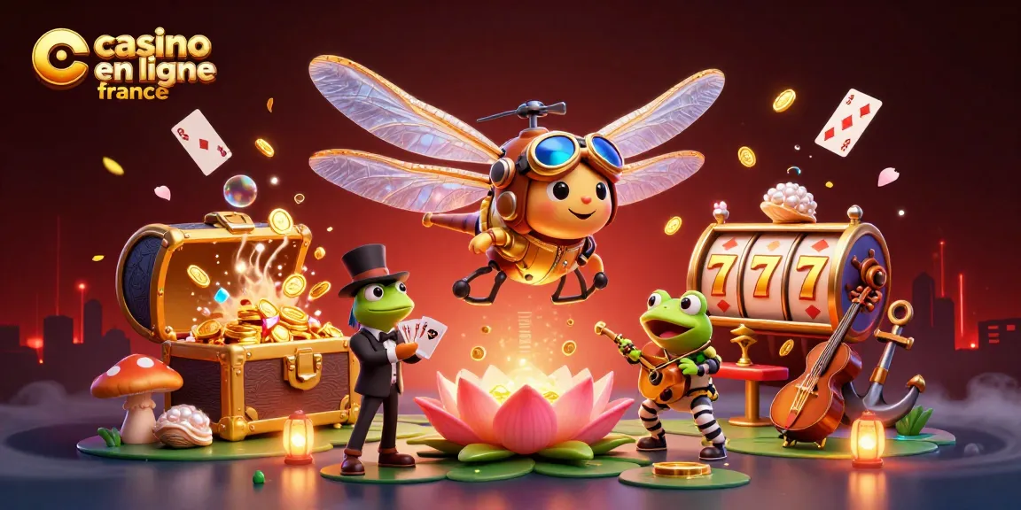 Jouez au casino en ligne France avec un pilote de libellule et un croupier grenouille sur une scène captivante.