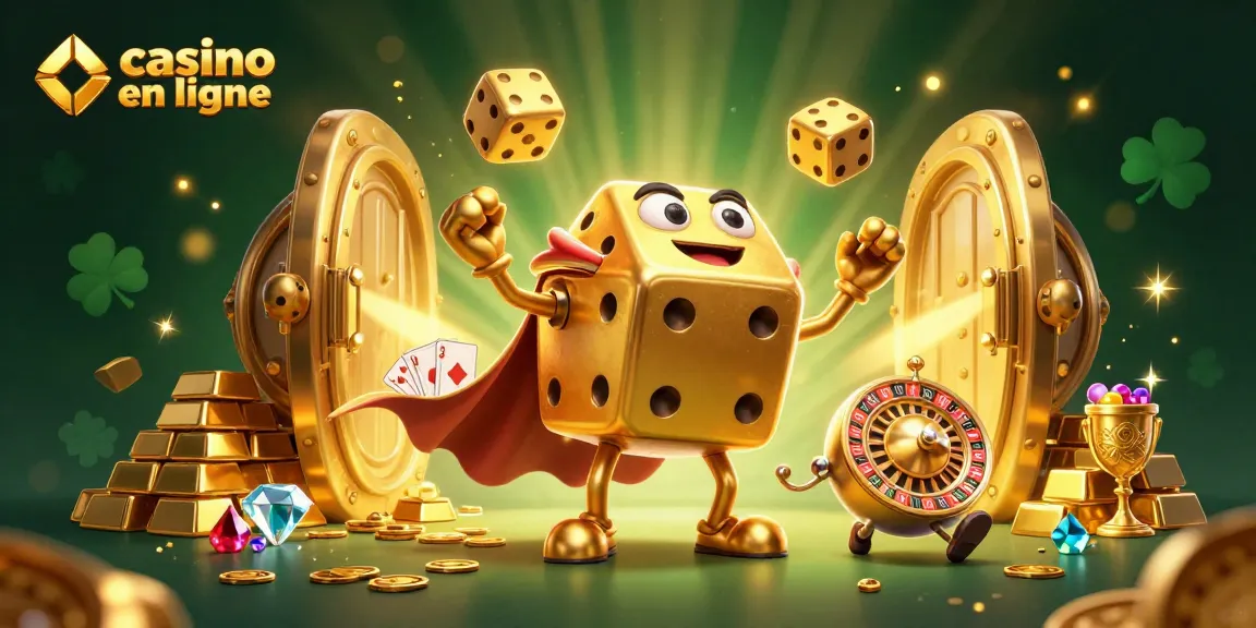 Jouer au casino en ligne avec un golem en dés dorés entouré de richesses scintillantes.