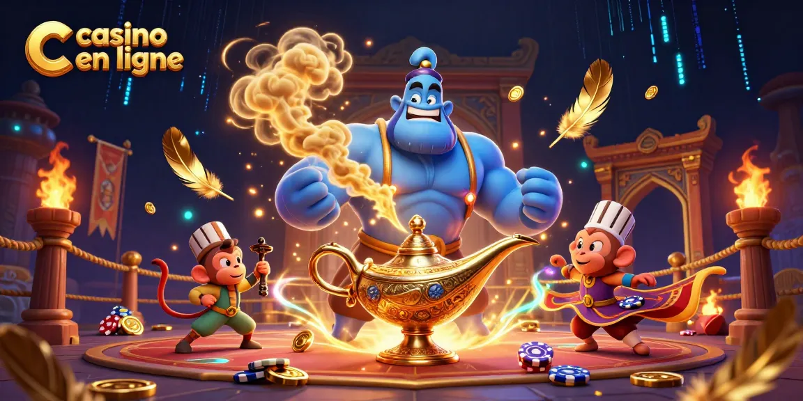 Gagnez au casino en ligne avec une illustration captivante montrant une lampe magique et des jetons de poker.