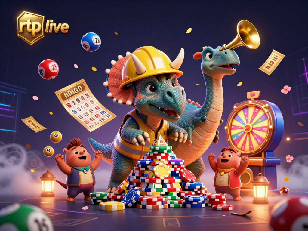 Engage in rtp live thrills with cartoon triceratops building poker chip pyramids amidst festive gaming elements.