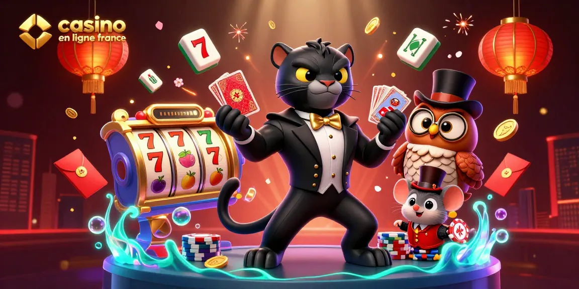 Illustration vibrante casino en ligne France avec un panthère, hibou, et souris autour des machines à sous
