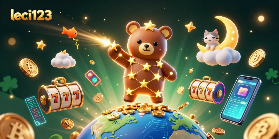 Experience the thrilling world of leci123 with colorful slot reels, swirling coins, and cosmic companions.