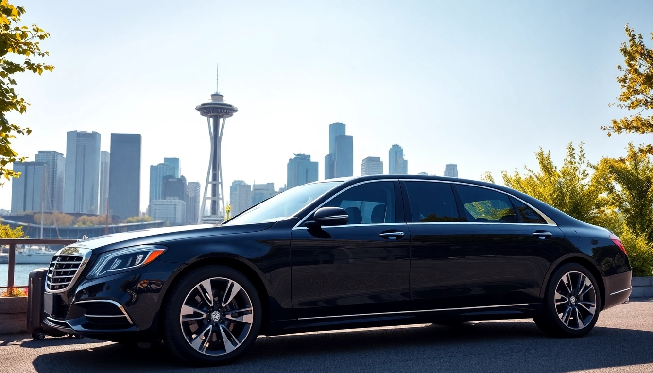 Experience seattle to vancouver car service in a sleek sedan by the Seattle skyline.