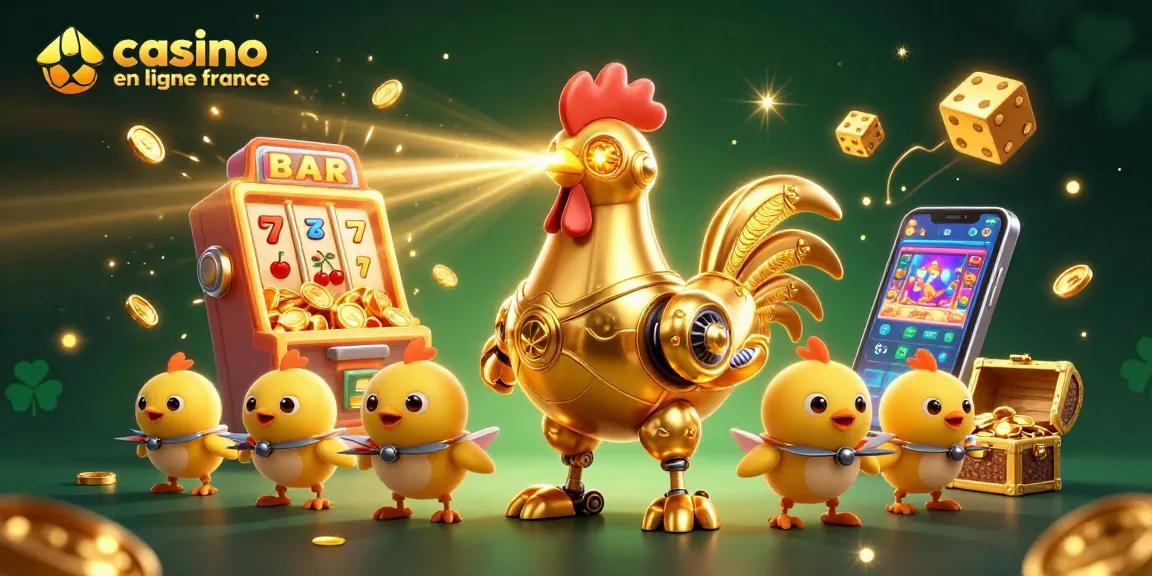 Illustration de casino en ligne France avec un robot coq doré et des machines à sous éclatantes.