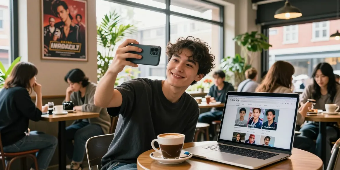 Find celebrities that look alike in a trendy café while taking a selfie.