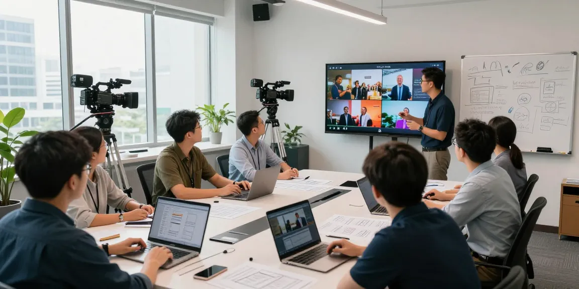 Creative Corporate & Commercial Video Production Sg team collaborating in a bright studio