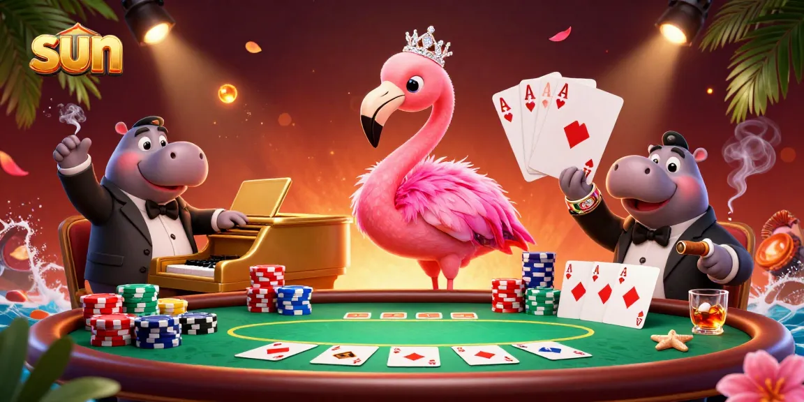 Experience thrilling wins at Sun with a vibrant cartoon scene illustrating a gambling ambiance filled with poker excitement.
