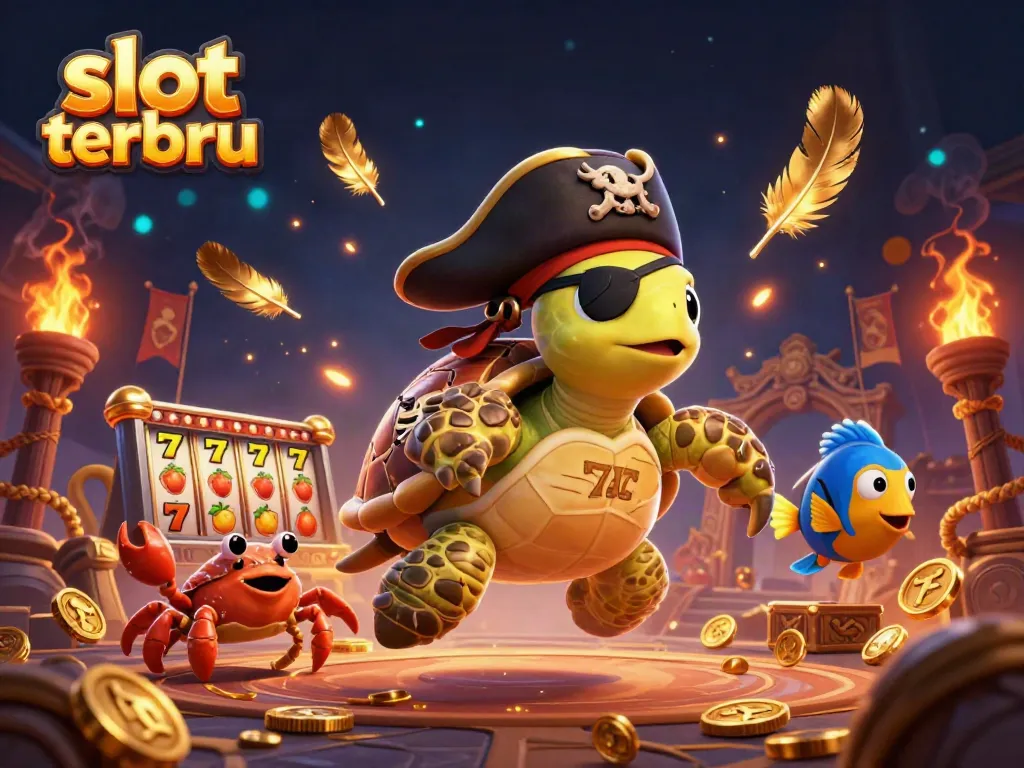 Slot terbaru menampilkan karakter 3D kartun kura-kura bajak laut dan elemen permainan slot menggoda untuk petualangan berjudi.