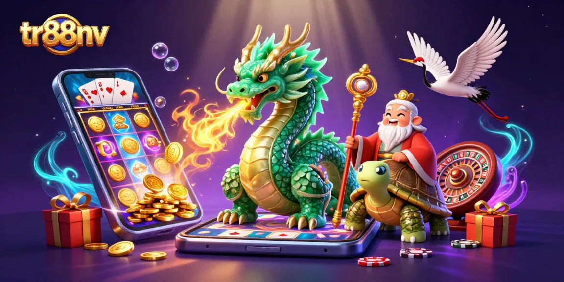 Experience lively gameplay with tr88nv's vibrant dragon and turtle characters immersed in casino fun.