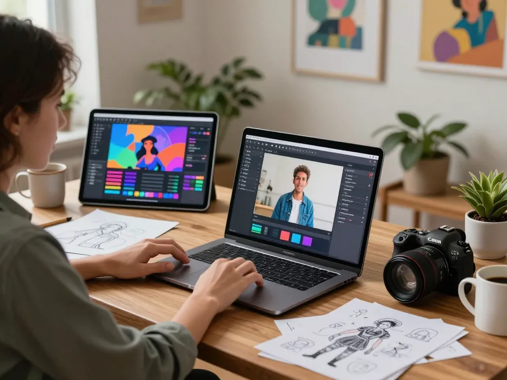 Creative professional using NSFW AI software in a cozy workspace, showcasing innovation in digital content creation.