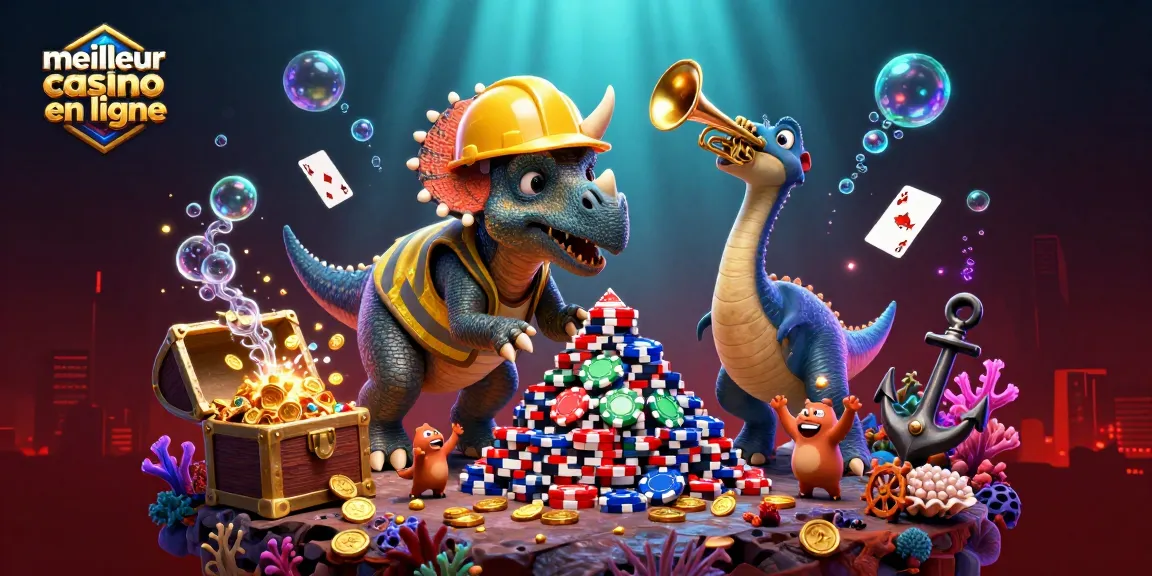 Meilleur casino en ligne : Un triceratops construit une pyramide de jetons de poker, entouré d'éléments de jeu sous-marins.