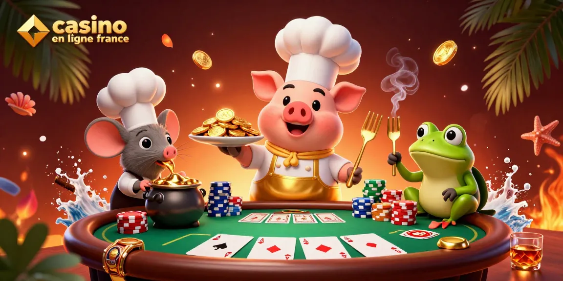Illustration de "casino en ligne france" avec un chef cochon, des jetons de poker et une ambiance dynamique.