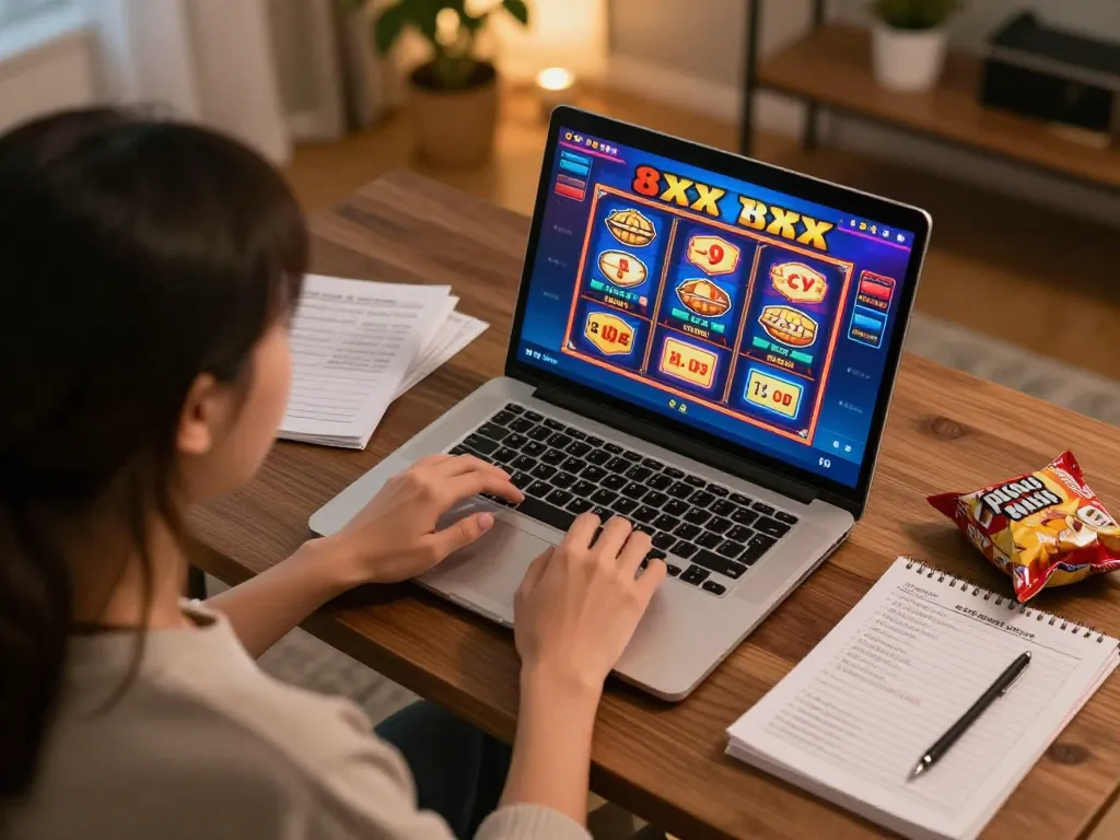Player engaging with exciting 8xx slot games on a laptop in a cozy home office.