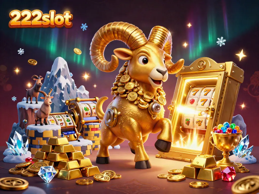 Gambilan 222slot menampilkan domba emas dengan elemen slot penuh harta di latar belakang mewah.