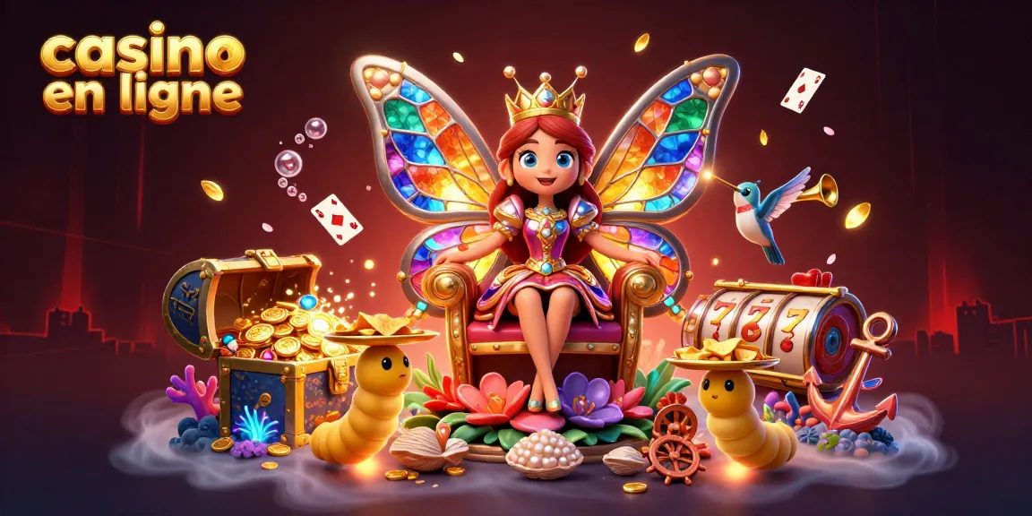 Visitez le casino en ligne et découvrez un monde vibrant de jeux, avec une reine des papillons et des éléments colorés.