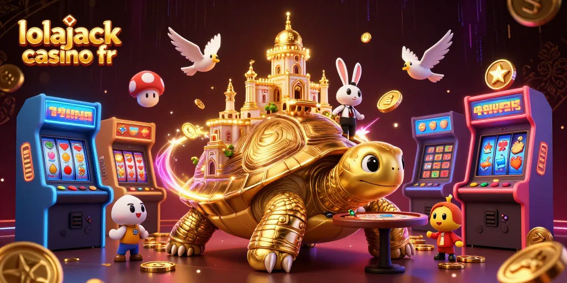 Jouez à lolajack casino fr avec la tortue dorée et le croupier, des machines à sous illuminées autour.